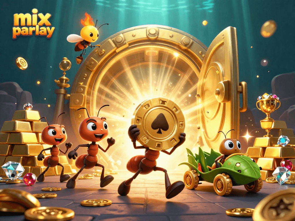 Experience excitement with mix parlay betting as animated ants steal golden poker chips in a vibrant casino.