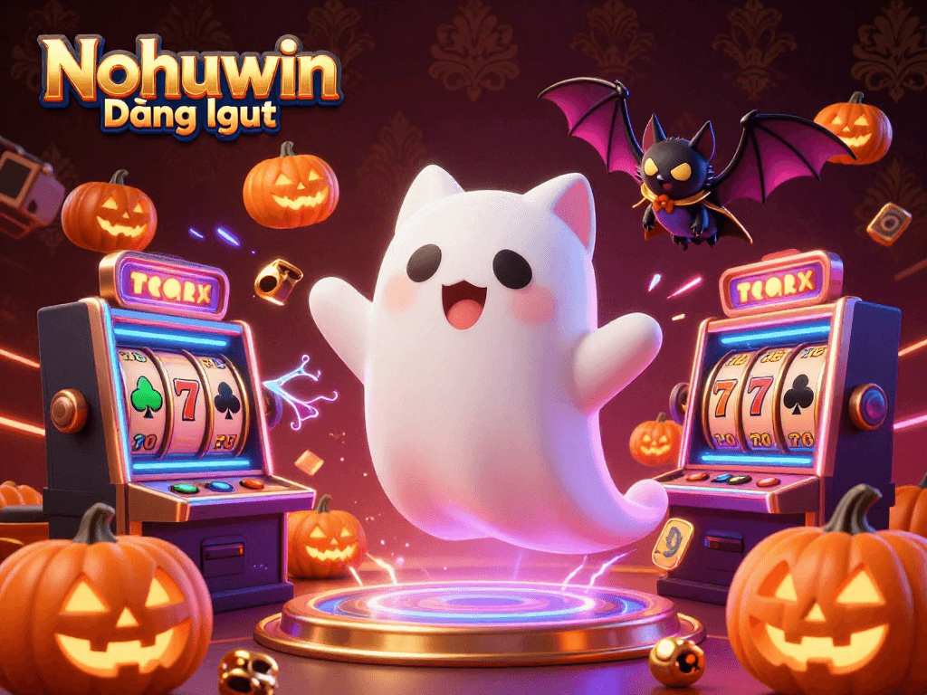 Nohuwin Đăng nhập invites gamers to engage with a vibrant casino atmosphere featuring a playful ghost cat, a vampire bat, and lively slot machines.