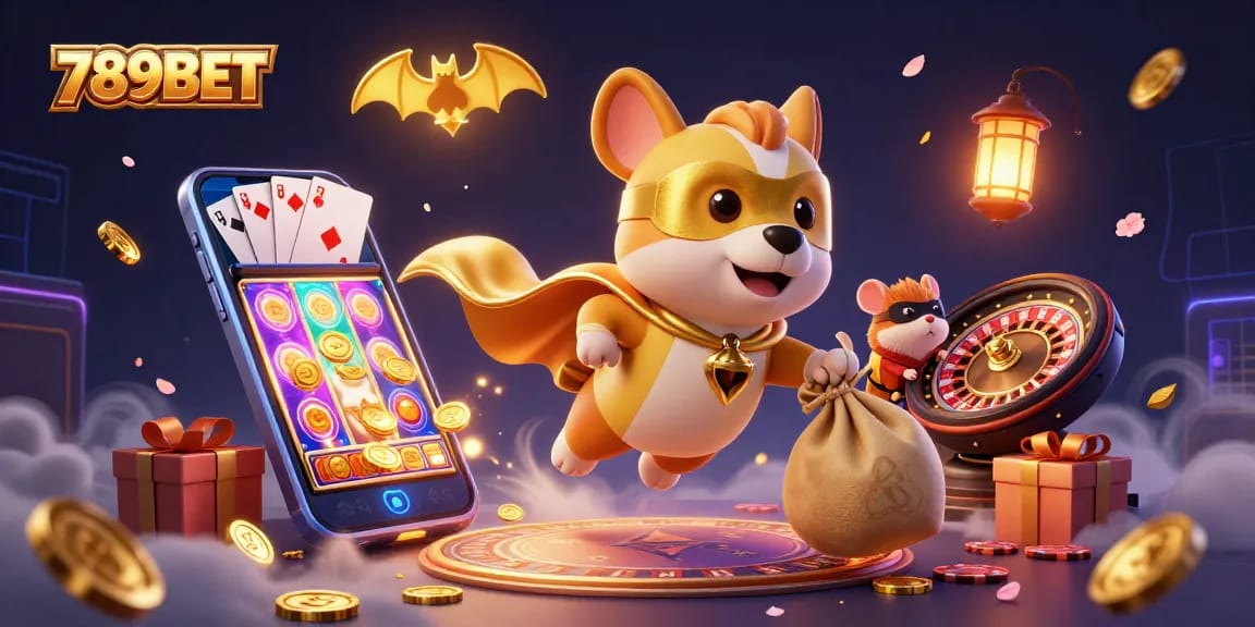 Join the fun with 789BET, where a superhero dog and hamster deliver gold coins amidst thrilling gaming action.
