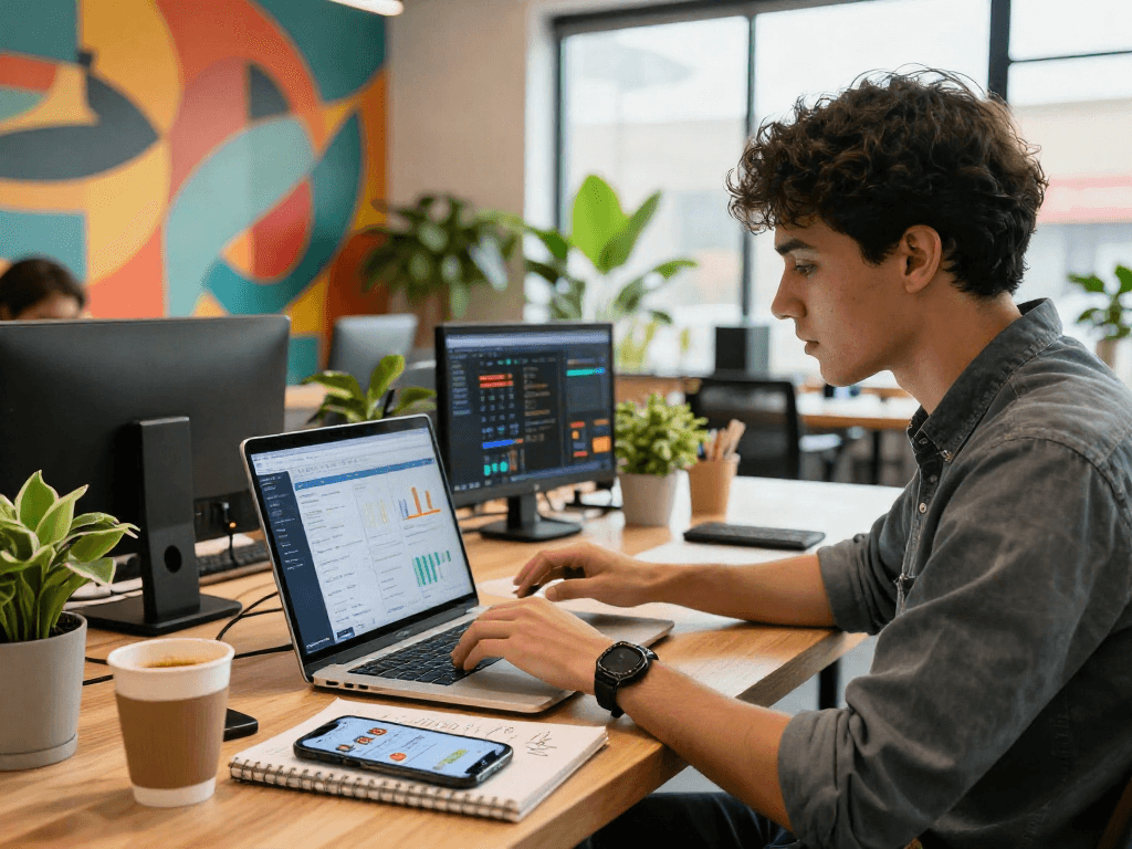 Professional analyzing ai 18+ marketing metrics in co-working space