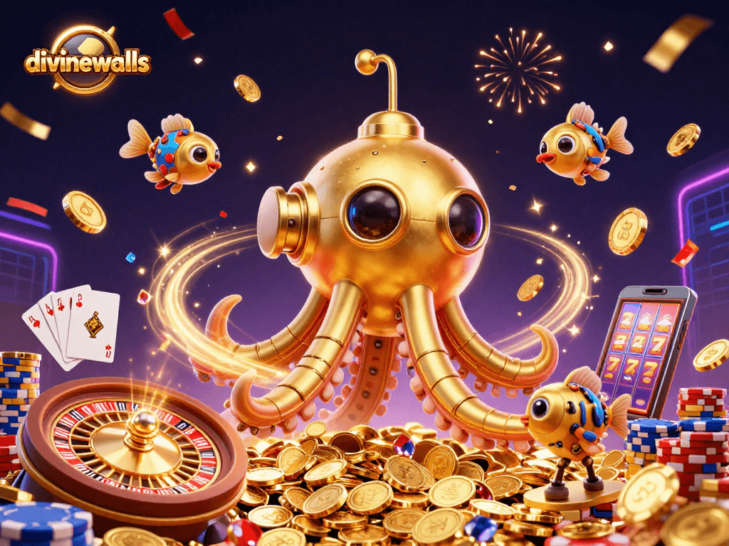 Spin the roulette and win with divinewalls' exciting 3D casino gaming experience featuring golden kraken and sparkling treasures.