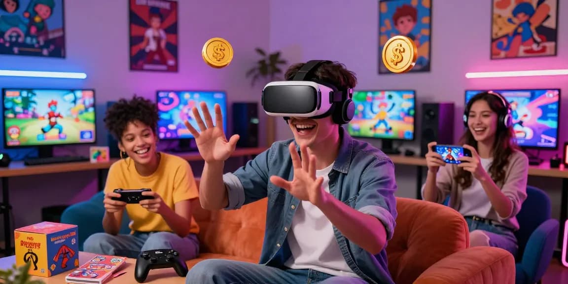 Exciting gaming scene showcasing diverse characters playing porn games online with VR headsets and mobile devices in a vibrant lounge.