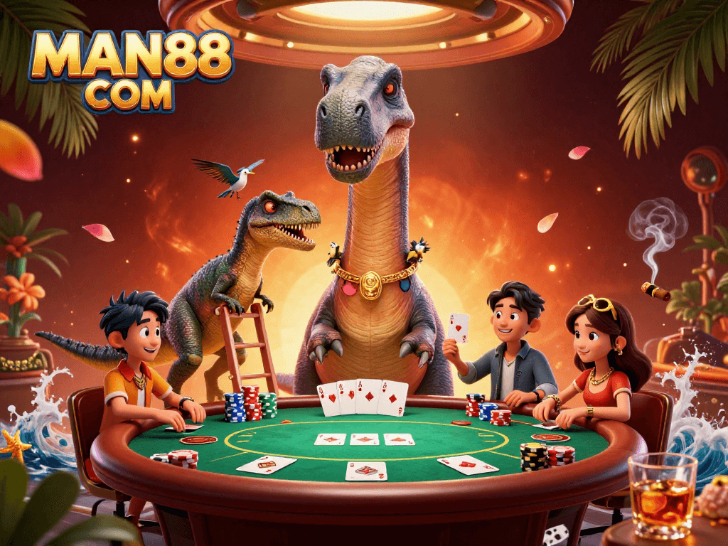 Experience thrilling casino action at MAN88 COM with a towering brontosaurus and clever dealer.