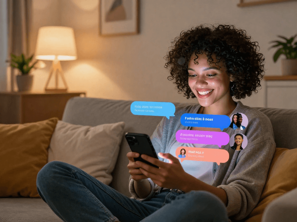 Engaging ai sex chat scene with a user enjoying intimate conversations on a smartphone, showcasing vibrant dialogue and cozy home setting.