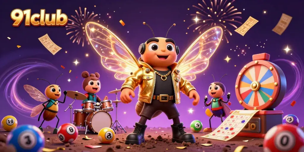 Engage with the vibrant 91club gaming scene featuring a cicada rock star, lottery balls, and dynamic prize elements.