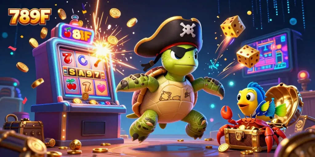 Immerse in the thrilling world of 789F with a vibrant 3D casino illustration showcasing dynamic characters and exciting game elements.