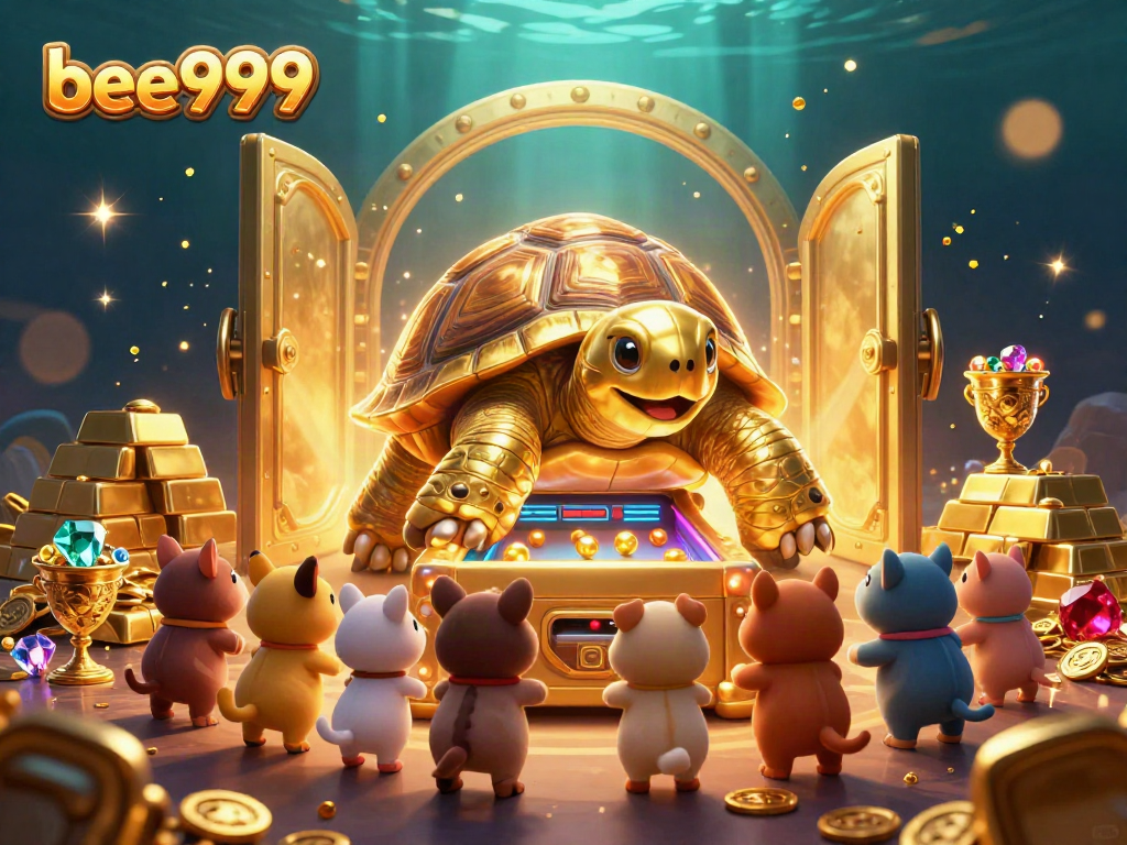 Experience excitement with bee999 in a lively 3D gambling illustration teeming with treasures.