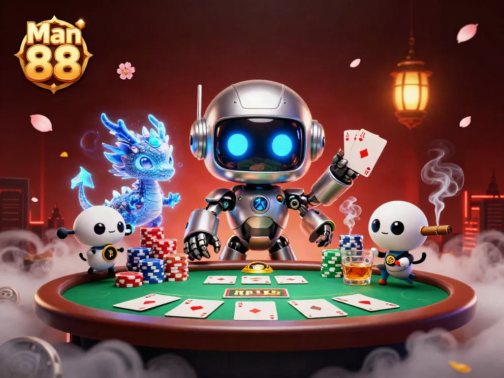Experience the thrill of Man 88 as a cyberpunk mascot and dragon compete at a vibrant poker scene.