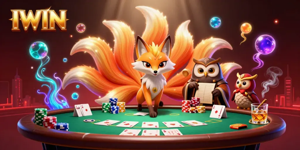 Experience the vibrant gaming world of IWIN with a colorful nine-tailed fox spirit and poker elements.