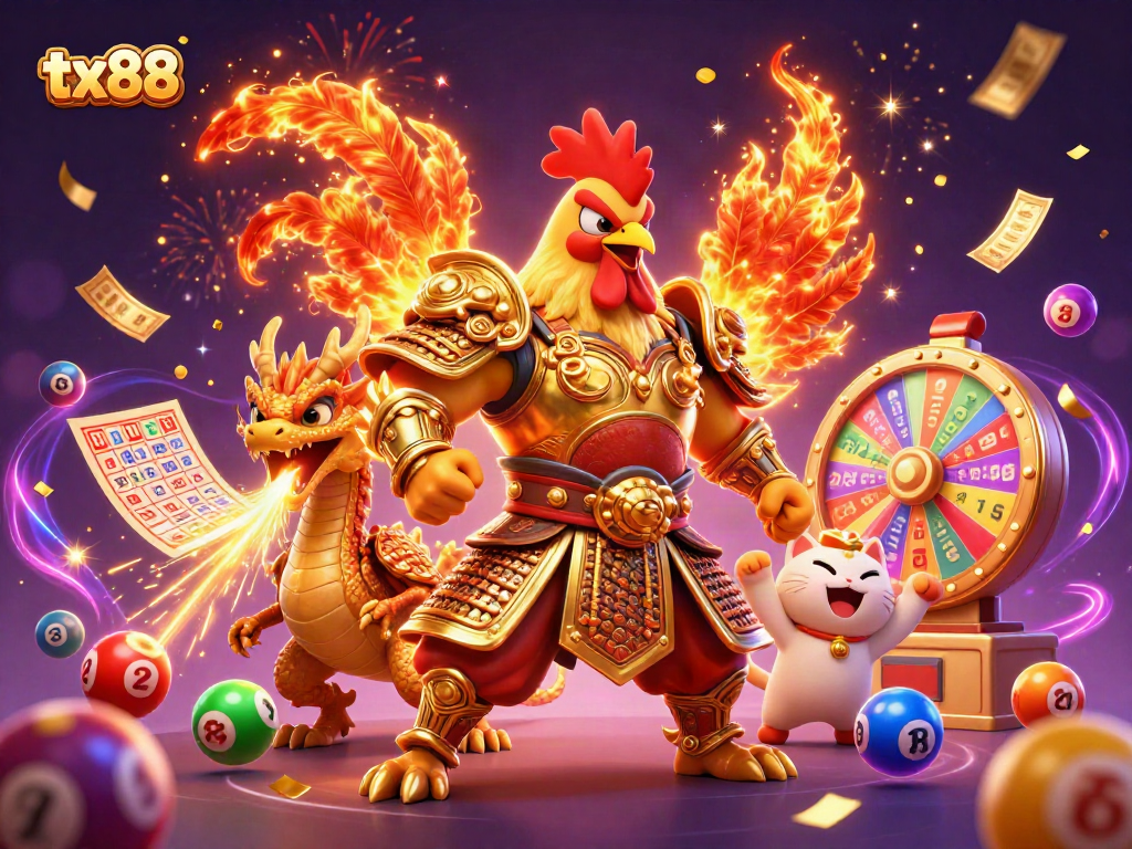 Join the excitement at tx88 with a 3D fighting rooster and dragon illustration amidst vibrant casino elements.