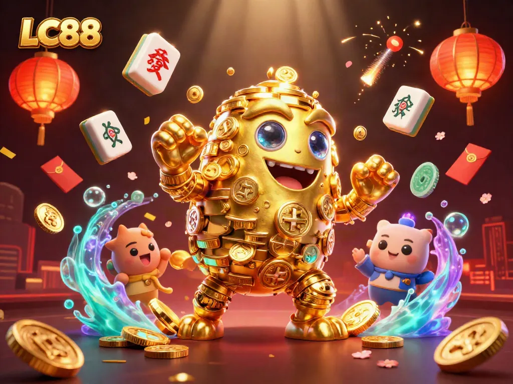 Experience the excitement of LC88 with our dynamic 3D casino scene featuring a golden golem and vibrant gambling elements.