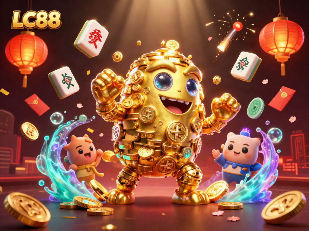 Experience the excitement of LC88 with our dynamic 3D casino scene featuring a golden golem and vibrant gambling elements.