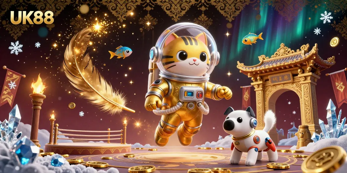 Experience thrilling online gaming with UK88 in a vibrant, dynamic 3D space scene featuring unique cartoon characters.