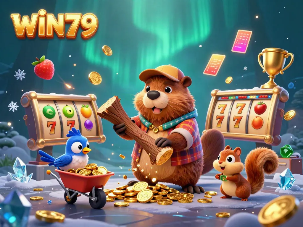 Win79 brings excitement with cartoon beavers and sparkling coins in a dynamic casino scene.
