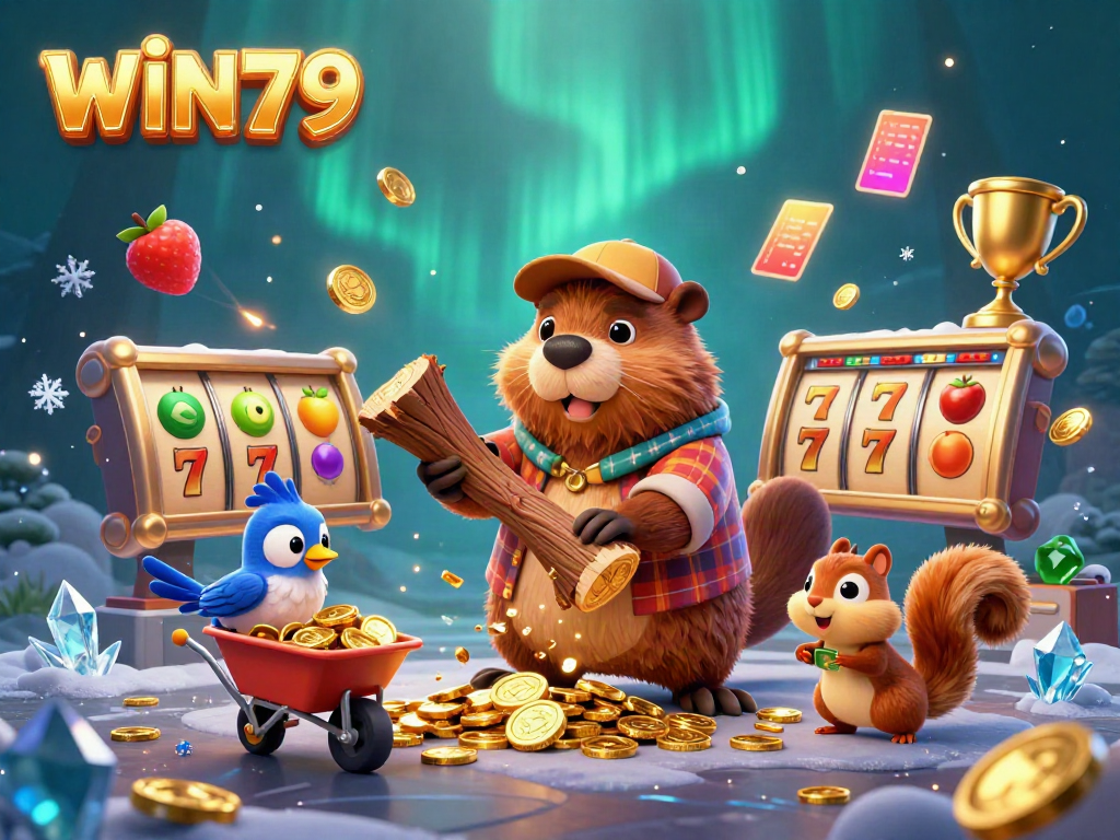 Win79 brings excitement with cartoon beavers and sparkling coins in a dynamic casino scene.