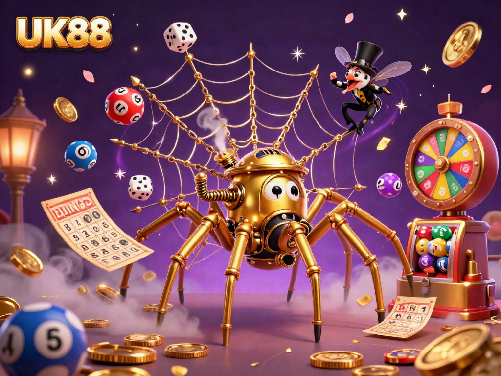 Engage in thrilling gameplay at UK88, showcasing vibrant lottery elements and a steampunk spider.