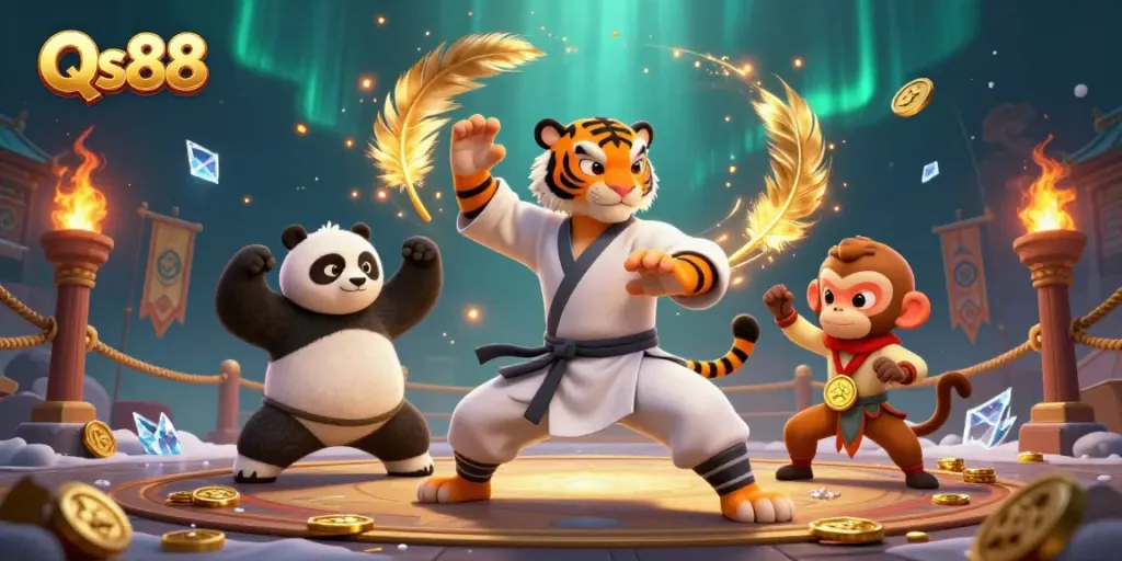 Engage in thrilling gameplay at QS88 with a vibrant scene of a kung fu tiger and friends amidst golden tokens and ember effects.