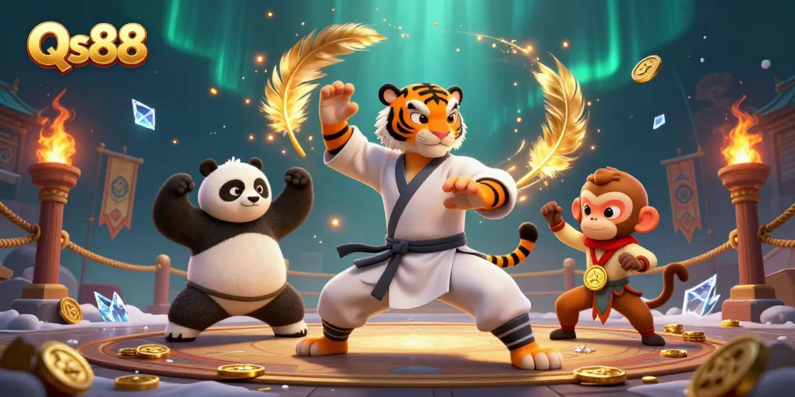 Engage in thrilling gameplay at QS88 with a vibrant scene of a kung fu tiger and friends amidst golden tokens and ember effects.