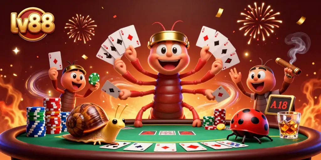 Play exciting games with the lively lv88 cartoon dealer and delightful characters at a poker table.