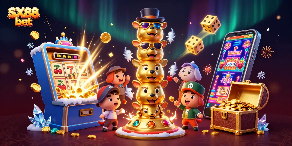SX88 bet illustration showcasing vibrant casino elements, including a golden totem and dynamic slot machine elements.