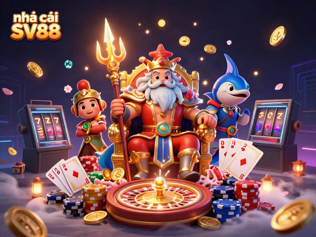 Engage in thrilling games at nhà cái SV88 with vibrant illustrations of Neptune, casino elements, and exciting action.