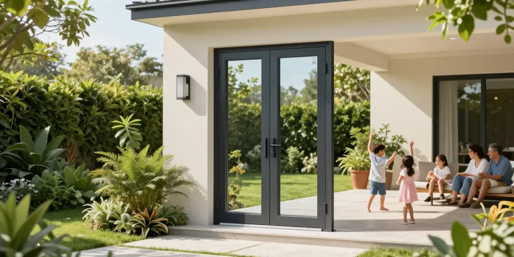 Stunning view of a stylish uPVC door surrounded by a family garden, highlighting Pintu uPVC terdekat.