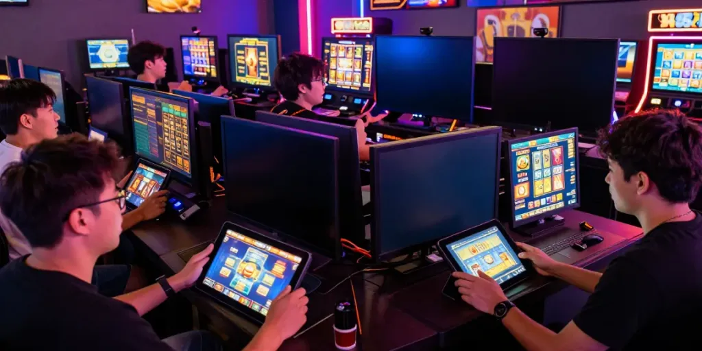 Players enjoying Slot gacor games in a vibrant gaming hub, showcasing excitement and engagement.