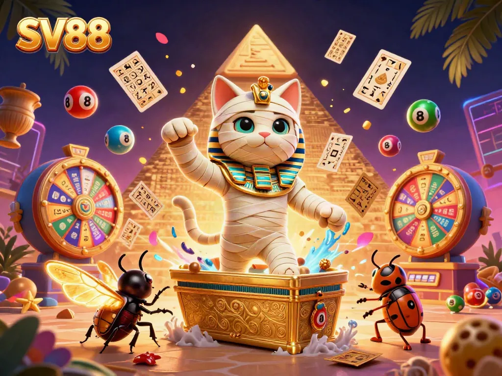 Engage with SV88, where a vibrant mummy cat and scarab beetle bring excitement to casino fun.