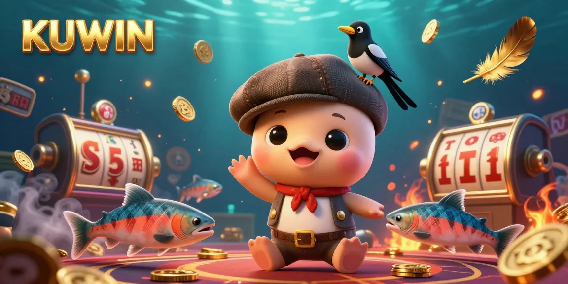 Engage with the vibrant KUWIN casino scene featuring Nessie and friends enjoying dynamic gameplay.