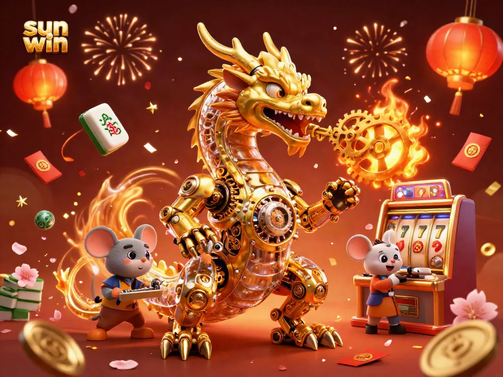 Experience the excitement of sun win with a vibrant casino scene featuring a golden dragon and slot machine elements.