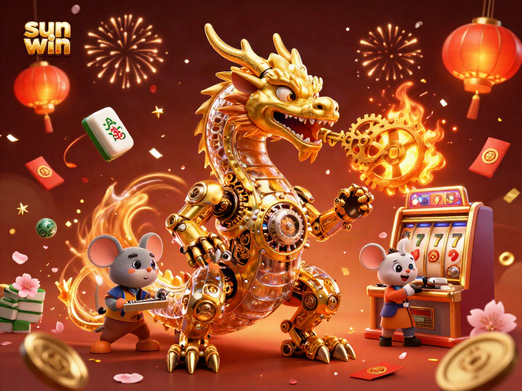 Experience the excitement of sun win with a vibrant casino scene featuring a golden dragon and slot machine elements.