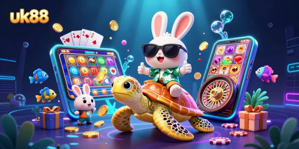 Experience thrilling gameplay on uk88 with a lucky rabbit and golden turtle in a vibrant casino world.
