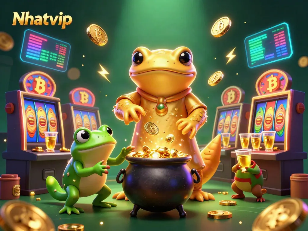 Engage with Nhatvip's vibrant casino world featuring gold alchemists and shimmering coins.