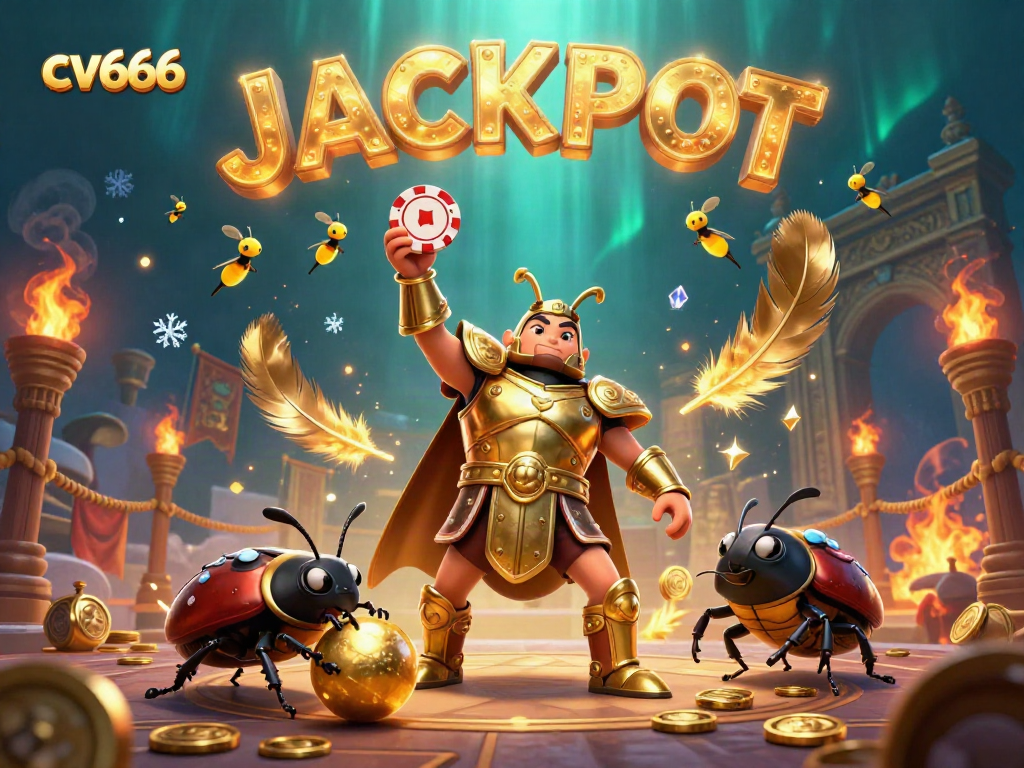 Dynamic illustration of cv666 with a gladiator beetle celebrating a jackpot in a vibrant casino scene.