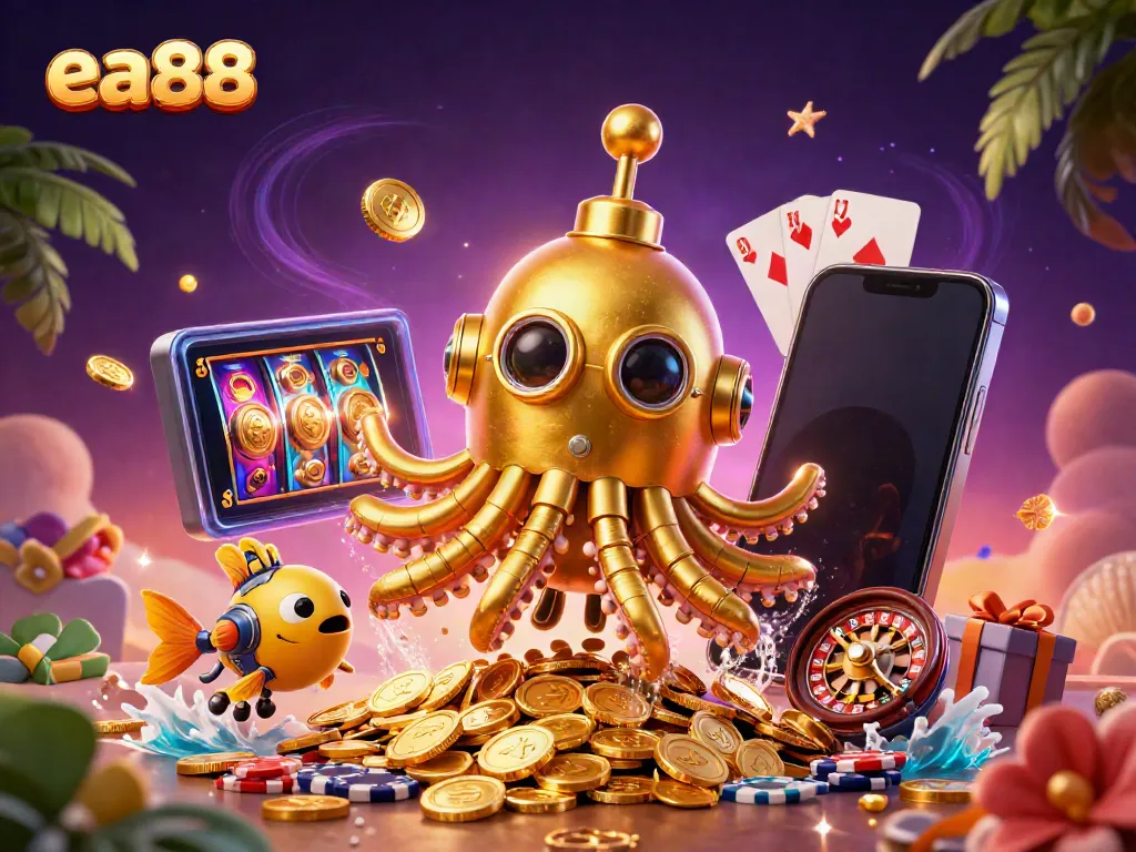 Experience the thrill of ea88 with golden kraken submarine amidst wealth in 3D casino adventure.