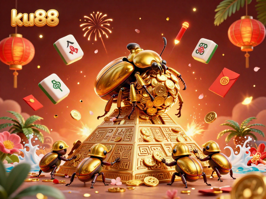 Experience the thrill of ku88 as golden beetles roll coins up a pyramid amid dazzling casino symbols.