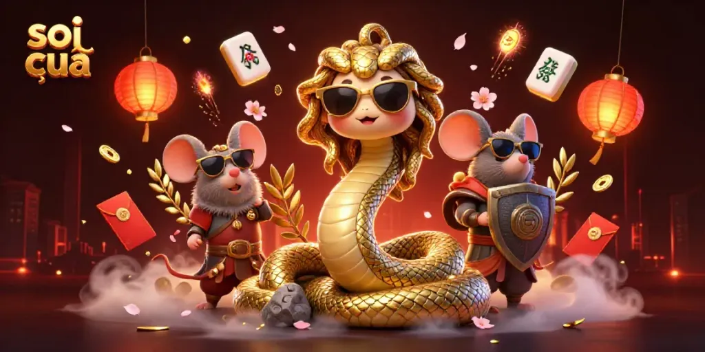 Engage in thrilling soi cầu with Medusa and a warrior mouse amidst dynamic elements like jade coins and lanterns.