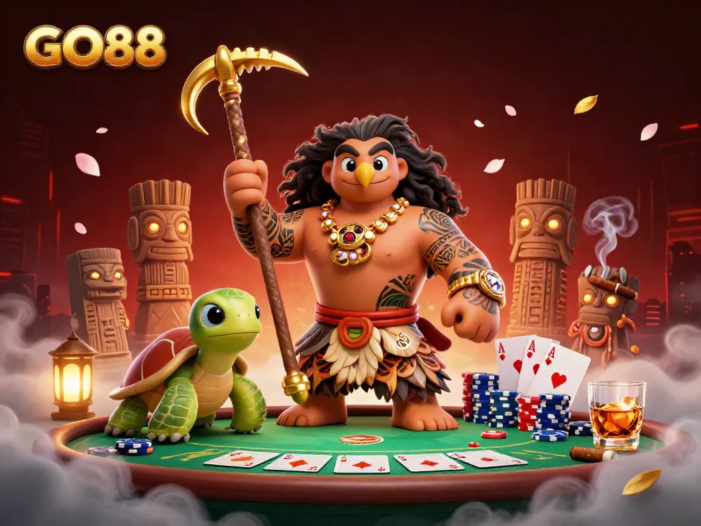 Engage with GO88 in a thrilling casino atmosphere featuring a magical hawk and poker elements.