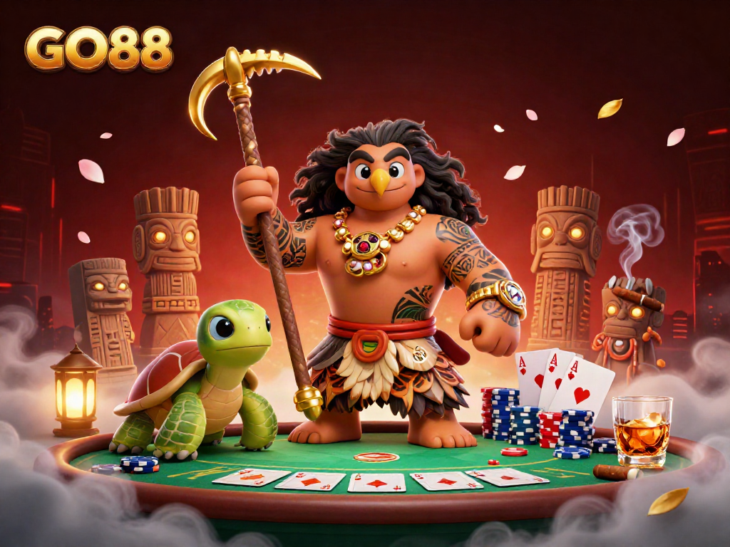 Engage with GO88 in a thrilling casino atmosphere featuring a magical hawk and poker elements.