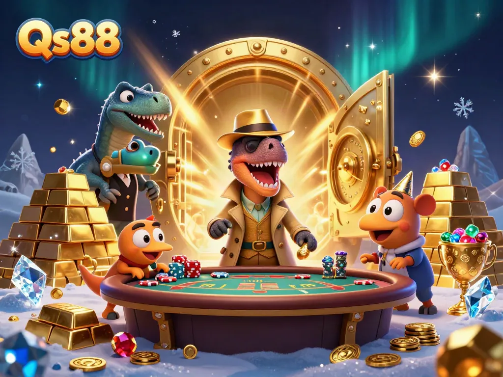 Experience thrilling blackjack action with Qs88 featuring cartoon velociraptors in a vibrant casino scene.