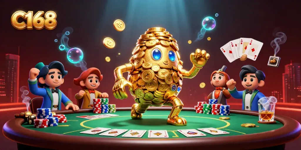 C168’s golden golem illuminates a lively poker setting, showcasing vibrant casino elements.