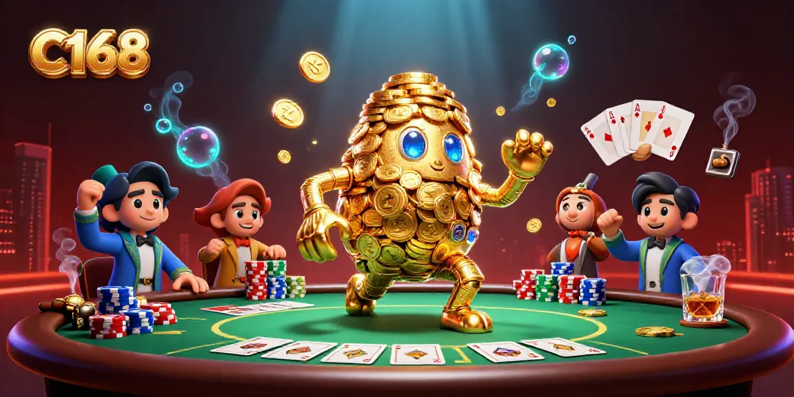 C168’s golden golem illuminates a lively poker setting, showcasing vibrant casino elements.