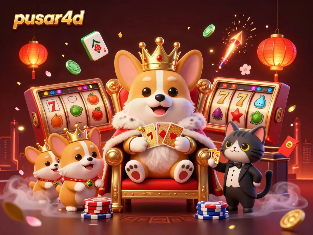 Engage with pusar4d through captivating gaming visuals showcasing a royal corgi and dynamic slot elements.