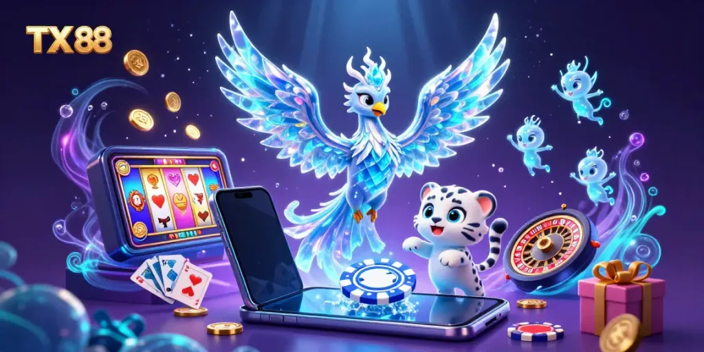 Experience the excitement of TX 88 with a vibrant 3D illustration featuring a playful snow leopard and a mystical phoenix amidst casino elements.