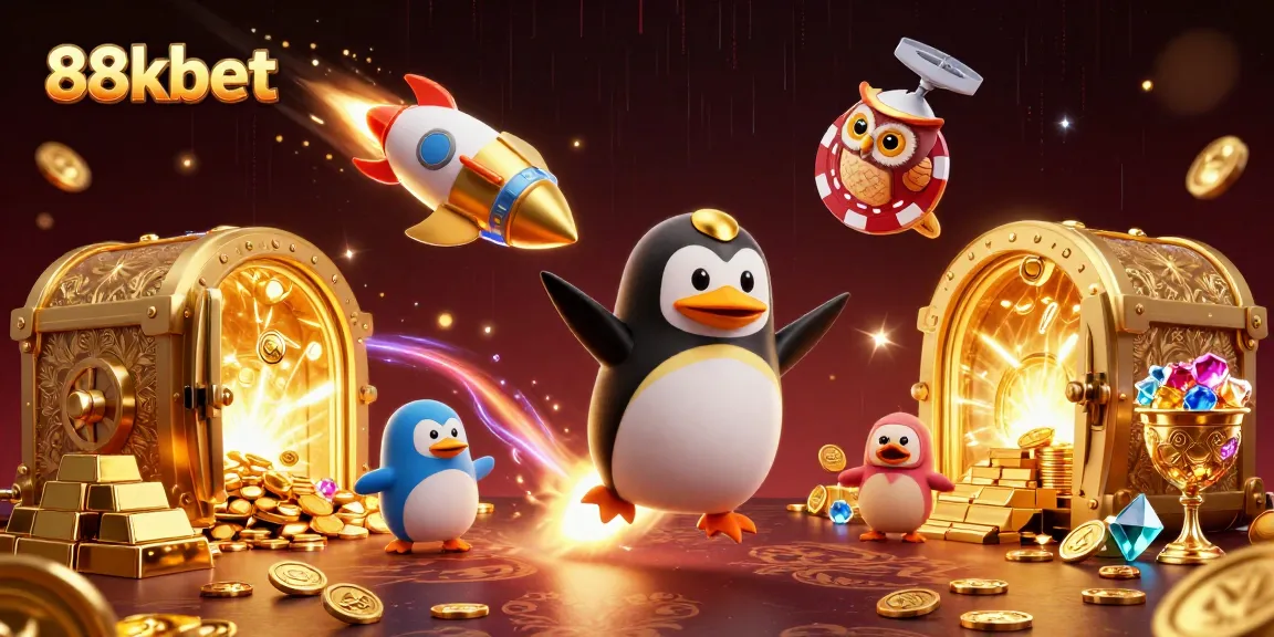 Experience the thrilling 88kbet adventure with a golden penguin soaring through a cosmic casino, collecting treasures!