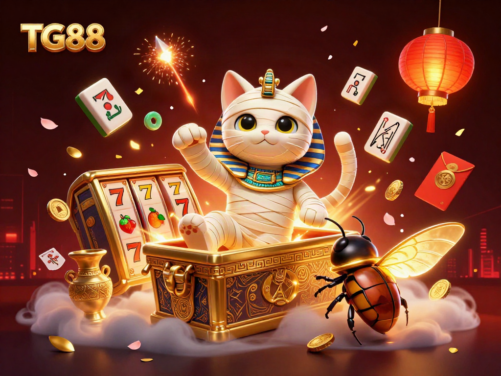 Experience the excitement of TG88 with a vibrant casino scene featuring an Egyptian mummy cat and a scarab beetle.