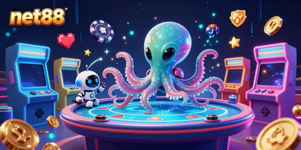 net88 showcases an alien octopus operating a holographic poker table surrounded by vibrant casino elements.