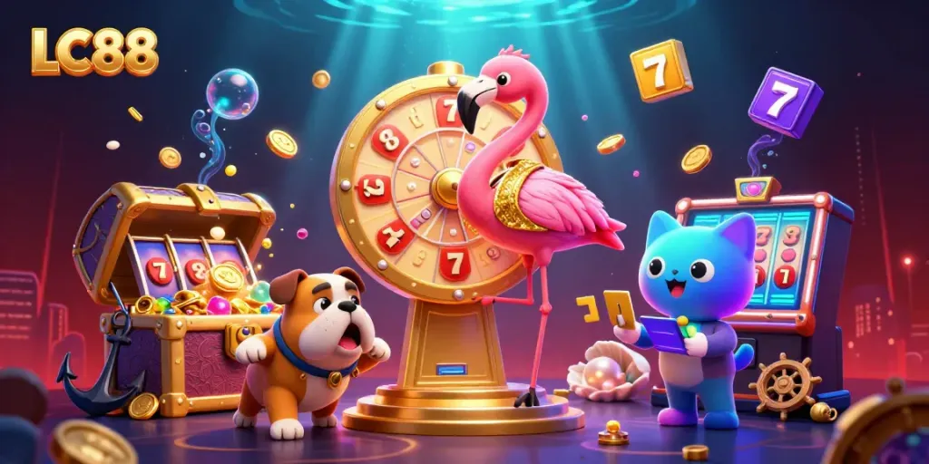 Experience the excitement of LC88 casino with dynamic characters and thrilling elements in this illustration.