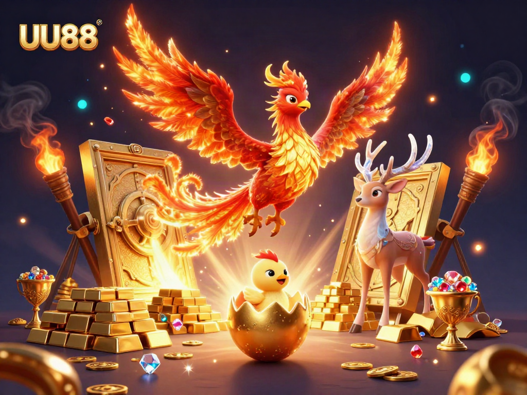Win big with UU88 in an action-packed casino scene featuring a phoenix and treasure.