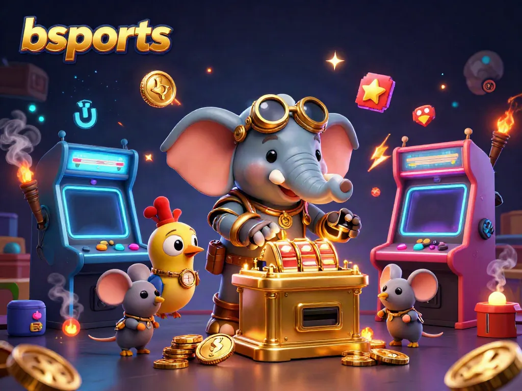 Experience thrilling moments with bsports in this vibrant gaming illustration, showcasing slot machines and steampunk elements.